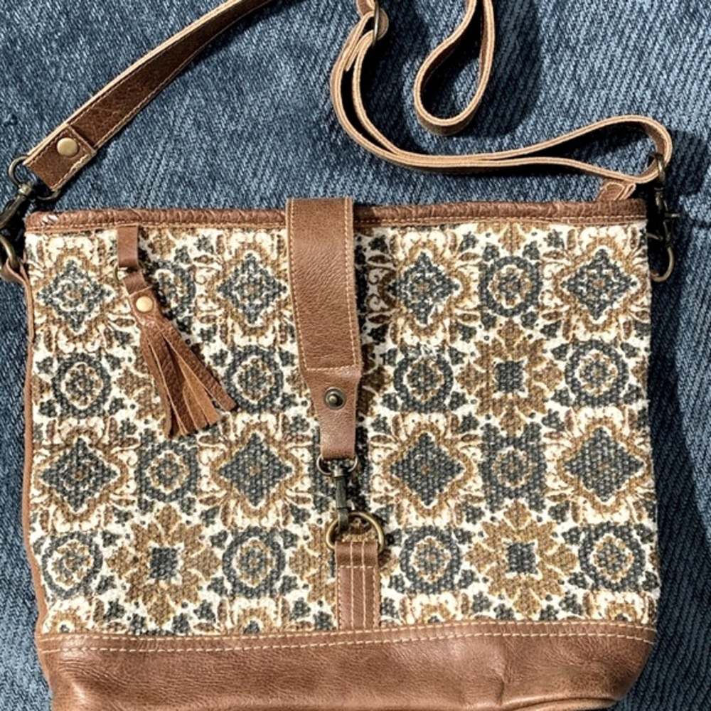 MYRA BAG DIPPING BLOCKS BOHO WESTERN PRINT CROSSBODY TOTE BAG LEATHER COTTON